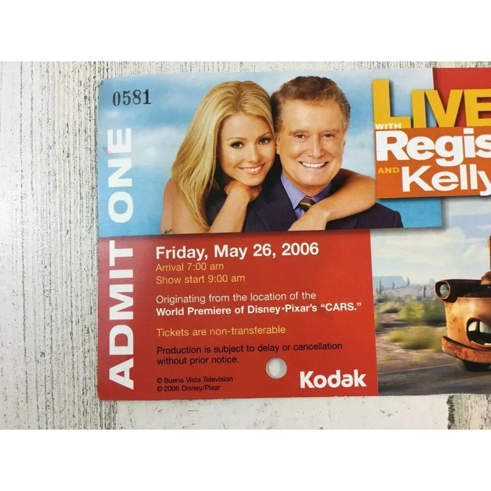 Live with Regis and Kelly Show Ticket Disney Pixar Cars May 26 2006 NC Speedway